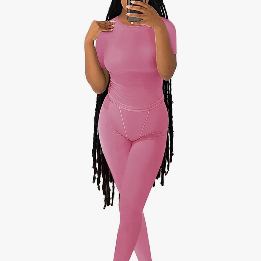 Bright Pink Form-Fitting Leggings with High Neckline Workout Outfit